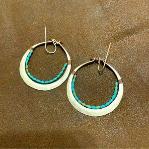 Silver earrings with turquoise and copper detailing